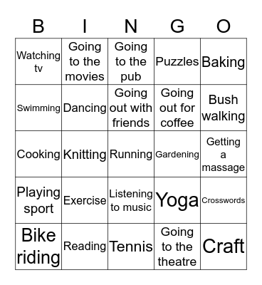 Leisure Bingo Card