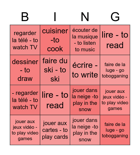 French words Bingo Card