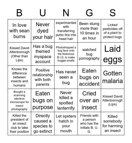 Bug Bingo Fun Version Bingo Card