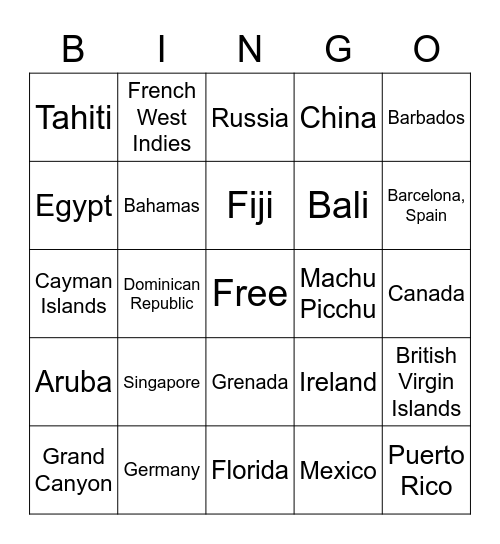 Vacation Destinations Bingo Card