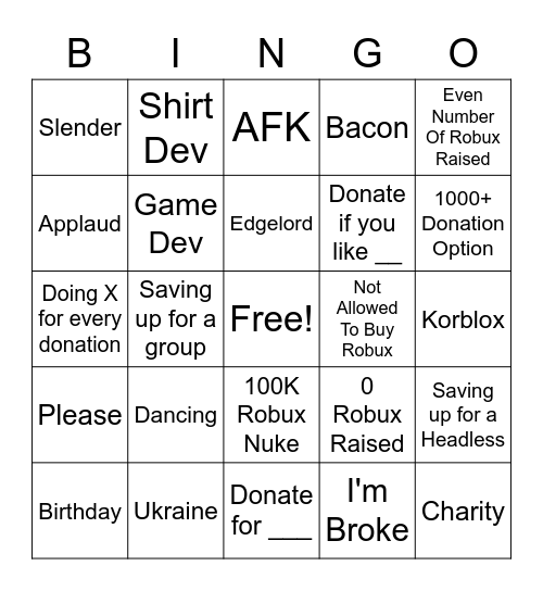 PLS DONATE Bingo Card