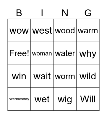 W word Bingo Card