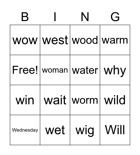 W word Bingo Card