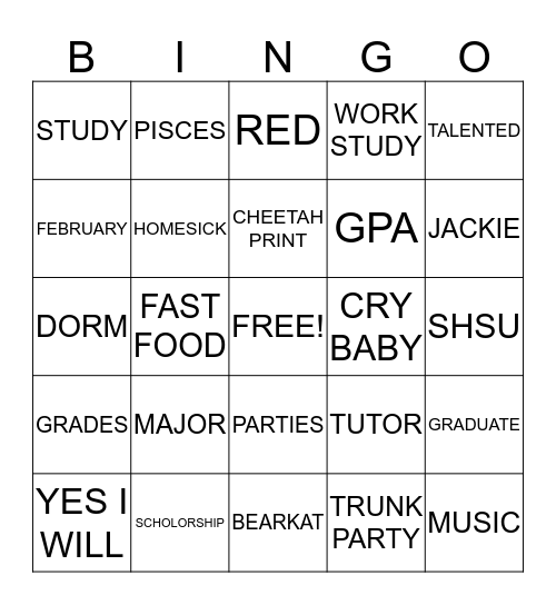 Jackie's Trunk Party Bingo Card