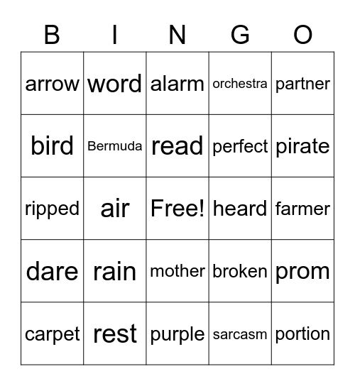 R Word Bingo Card