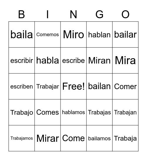 Verbs Bingo Card