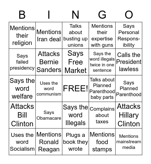 GOP Debate Bingo Card