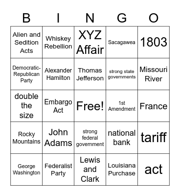 Washington to Jefferson Bingo Card