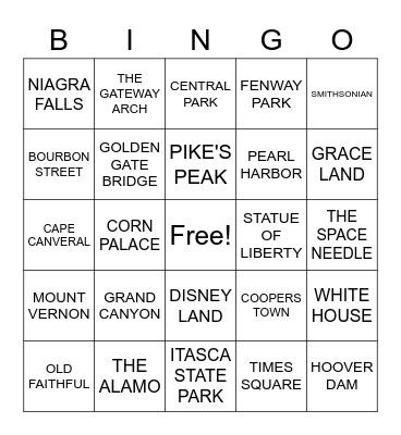 US ATTRACTIONS Bingo Card