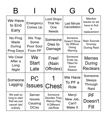 Furret Raid Bingo Card