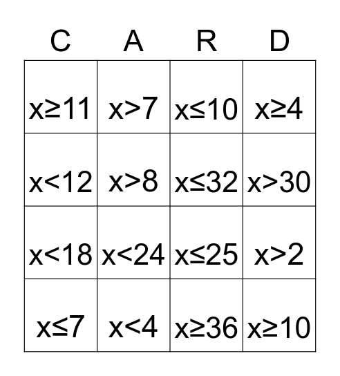 Inequality Bingo Card