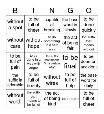 Suffixes Bingo Card