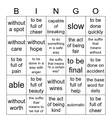 Suffixes Bingo Card