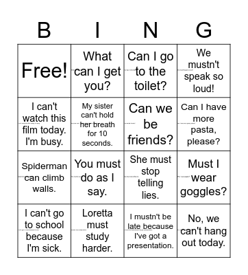 Modal verbs bingo Card