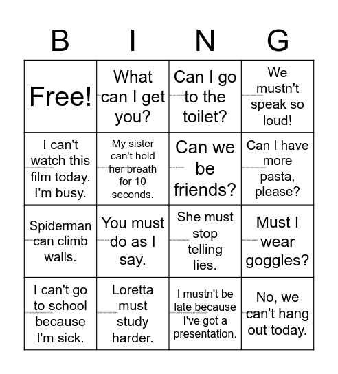 Modal verbs bingo Card