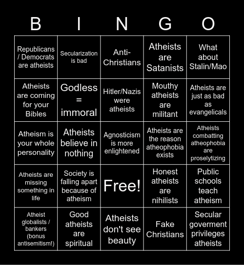 Atheophobia Bingo Card
