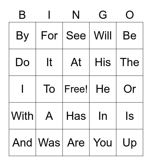 Sight Word Bingo Card