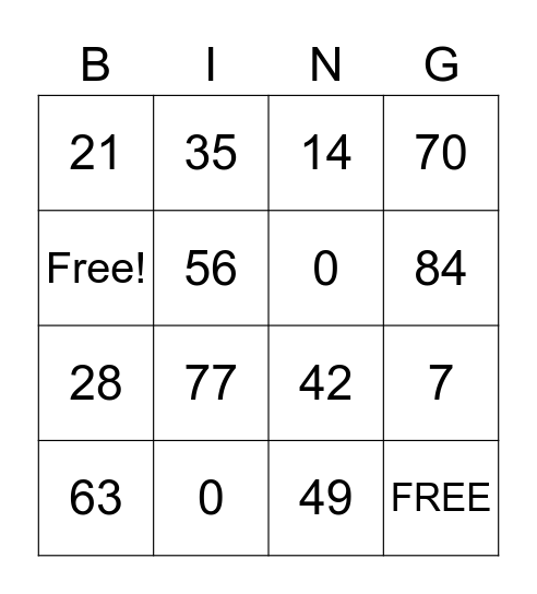 Multiplication: 7's Bingo Card