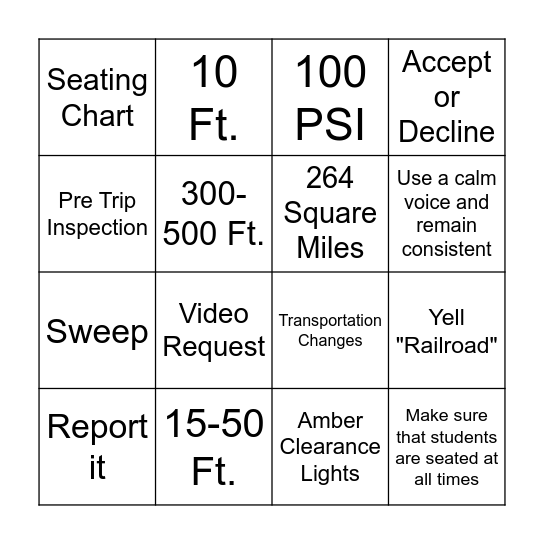 Bus Driver BINGO Card