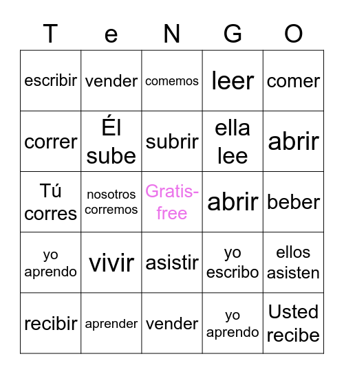 12 ER/ IR verbs Bingo Card