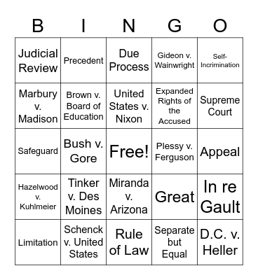 Landmark Supreme Court Cases Bingo Card