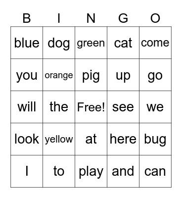 Sight Word Bingo Card