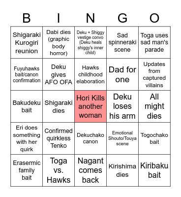 BNHA endgame Bingo Card