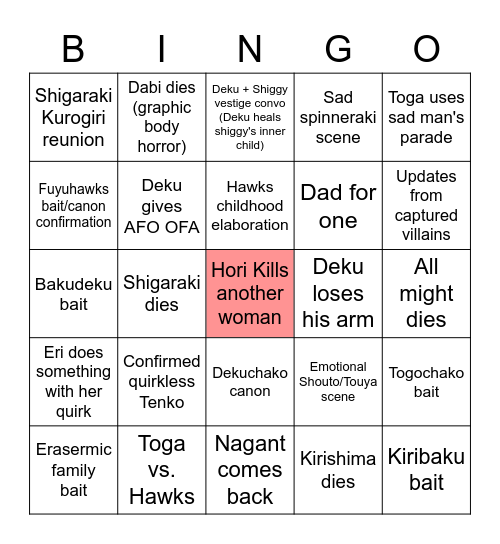 BNHA endgame Bingo Card