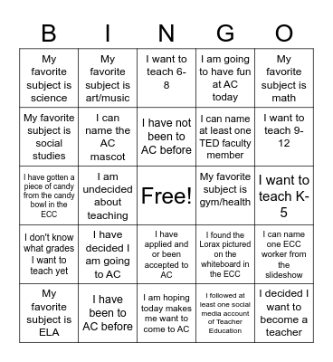Teacher Education Bingo! Bingo Card