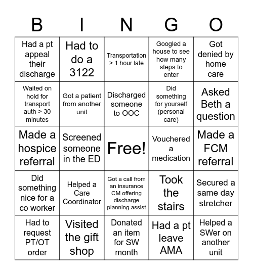 Social Work Bingo Card