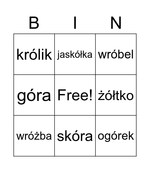 Wyrazy z ó niewymiennym Bingo Card