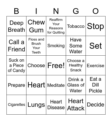 Smoking Cessation Bingo Card
