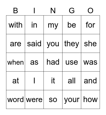 Sight words Bingo Card