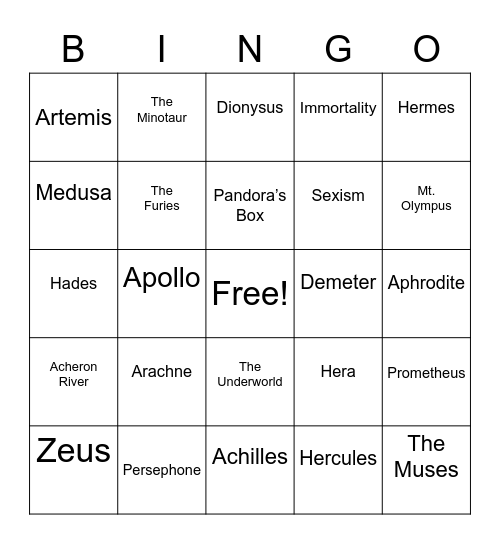 Greek Mythology Bingo Card