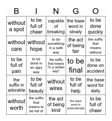 Suffixes Bingo Card