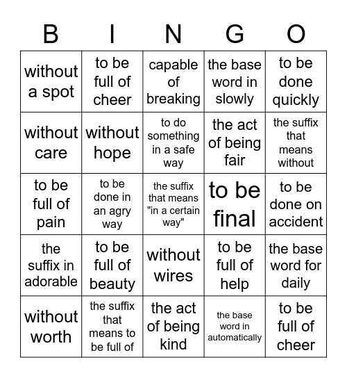Suffixes Bingo Card