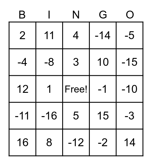 Negative Numbers Bingo Card