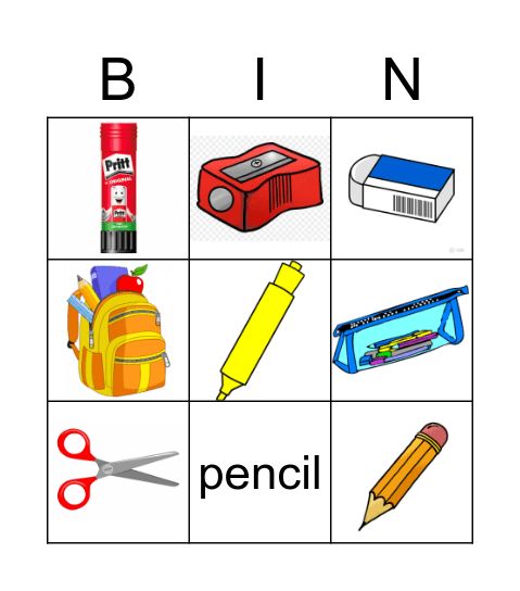 school objects Bingo Card