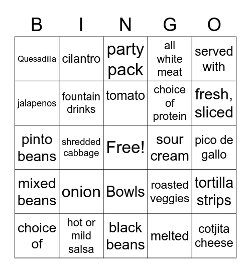 Baja Fresh Menu Bingo Card