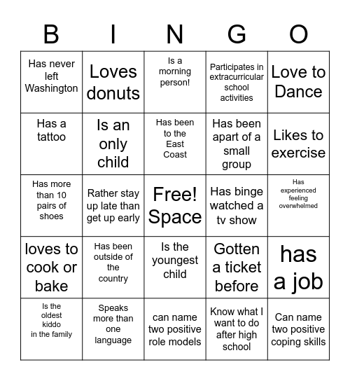 Small Group Bingo Game Bingo Card