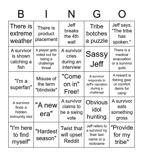 Survivor Bingo Card