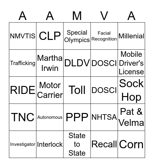 AAMVA! (Just like Bingo! Hear it, mark it.) Bingo Card