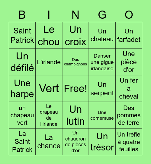 Journée Saint Patrick Bingo Card