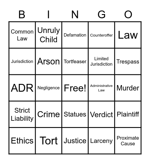 Enrichment - Thursday Terms (Legal) Bingo Card