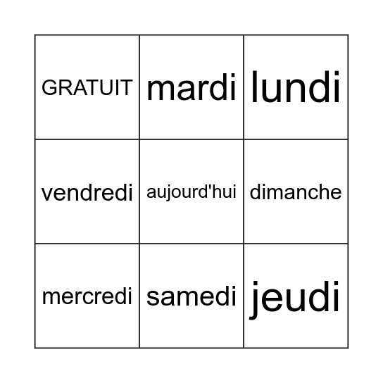 LES JOURS DE LA SEMAINE Bingo Card