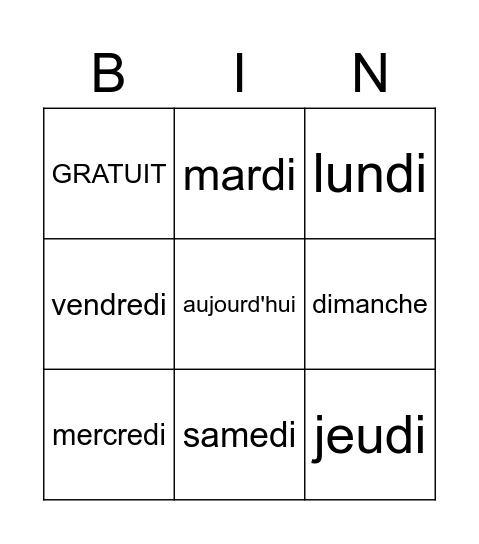 LES JOURS DE LA SEMAINE Bingo Card