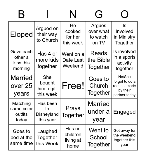 Couples Bingo Card