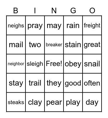 Word Work: Long a Bingo Card