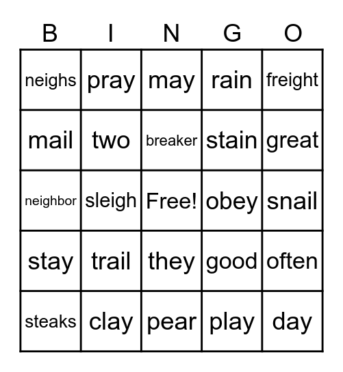 Word Work: Long a Bingo Card