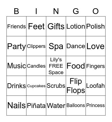 Lily's Party Bingo Card